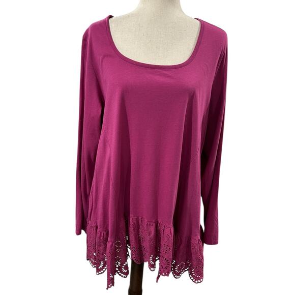 LOGO by Lori Goldstein Cotton Modal Tunic with Eyelet Ruffle Size 1X Pink EUC - Picture 1 of 5